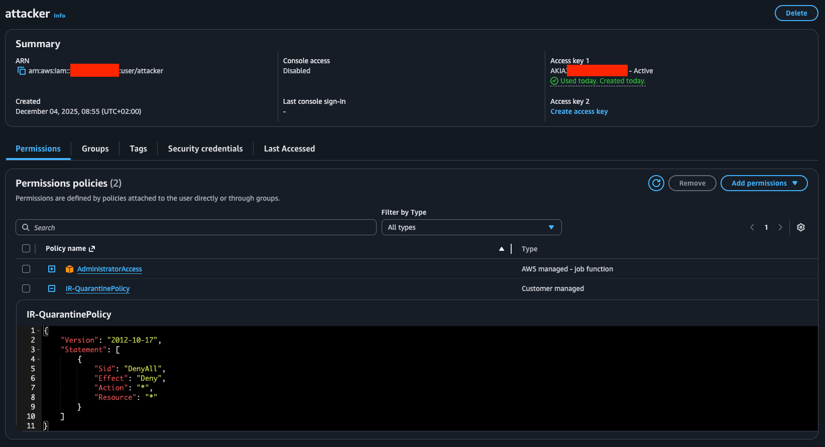 Attacker IAM user with IR policy attached to it