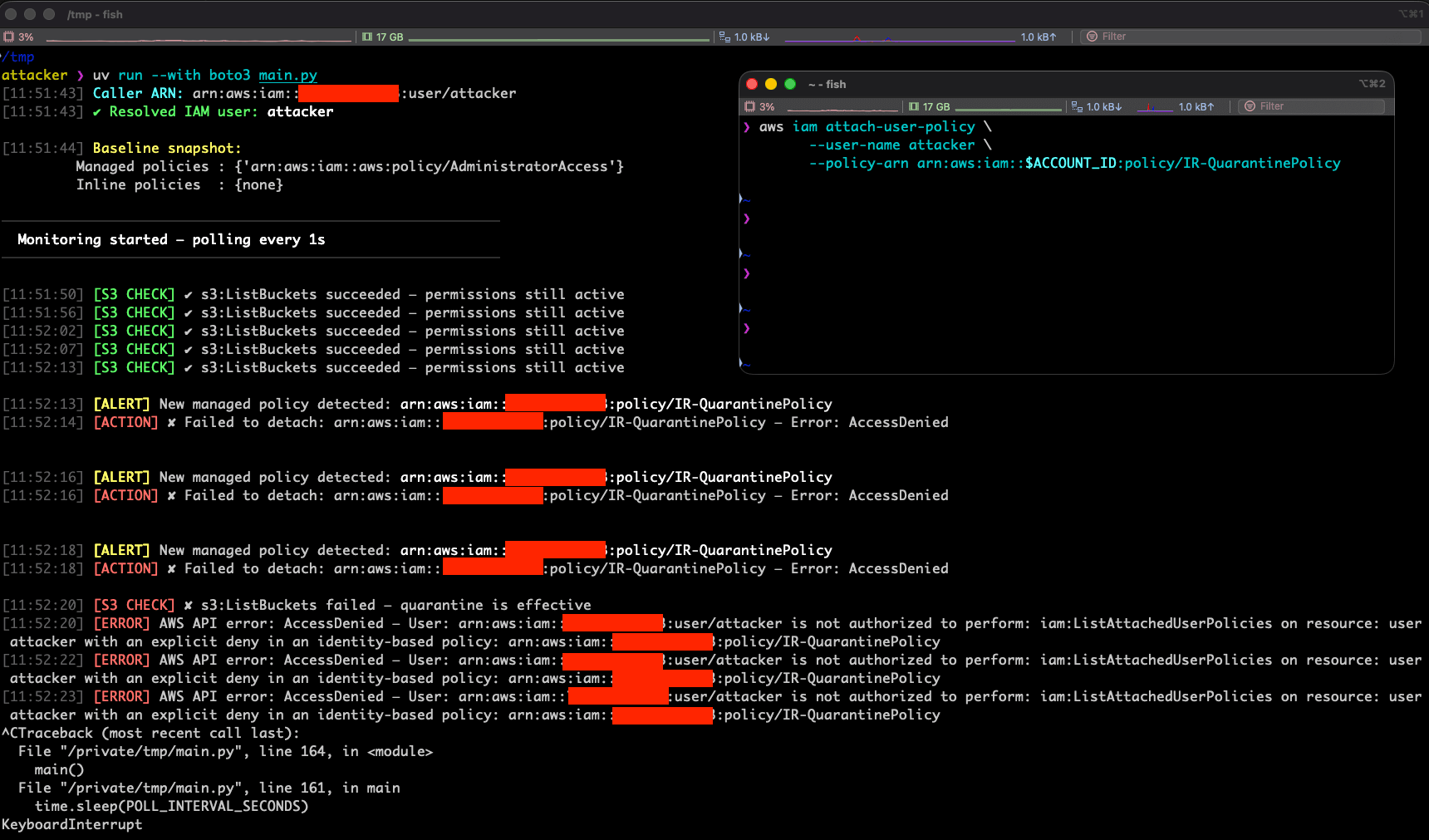 Attacker fails to remove incident response IAM policy due to SCP enforcement