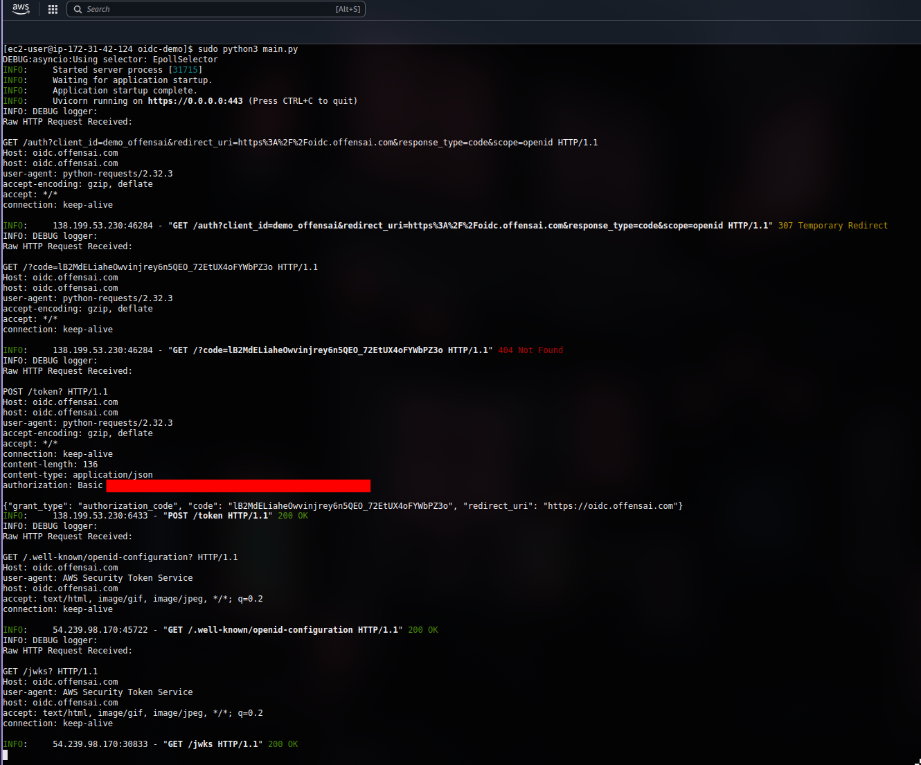 Logs with HTTP requests made to the OIDC provider
