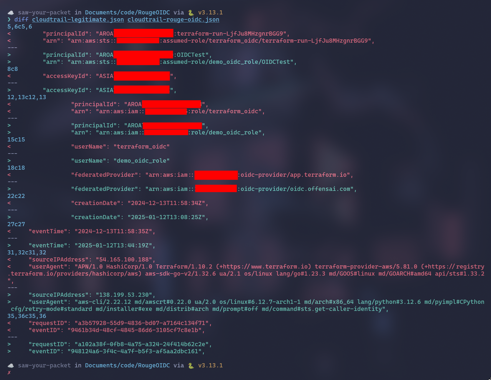 diff command executed over two cloudtrail log files