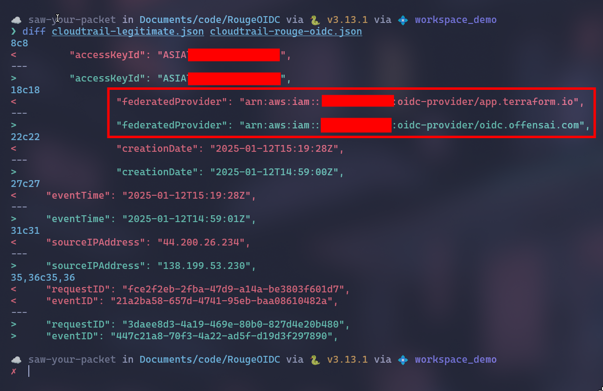 diff command executed over cloudtrail logs after applying evasion techniques