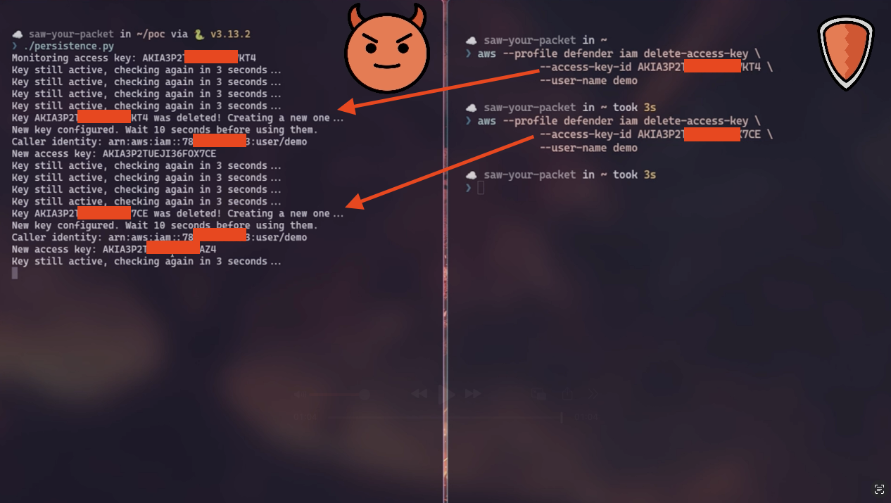 A terminal with two pannels side-by-side showing how an attacker can achieve persistence while the defender tries to delete the keys.