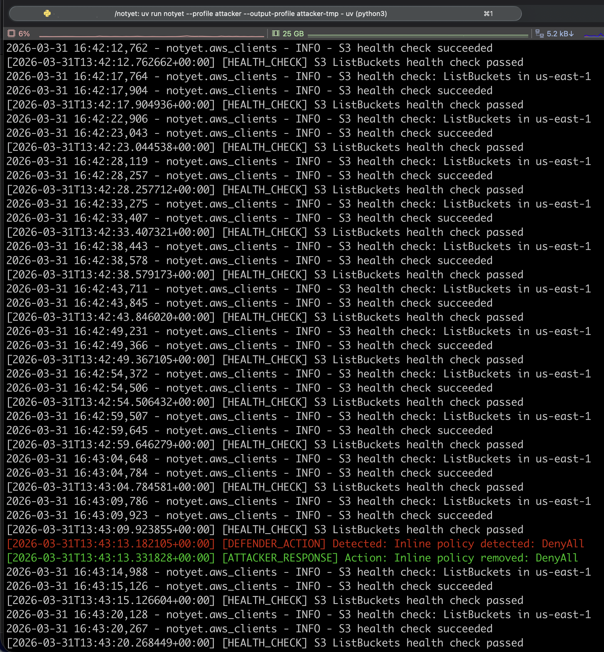 notyet CLI terminal showing AWS IAM credential revocation detected and automated attacker response within the eventual consistency window
