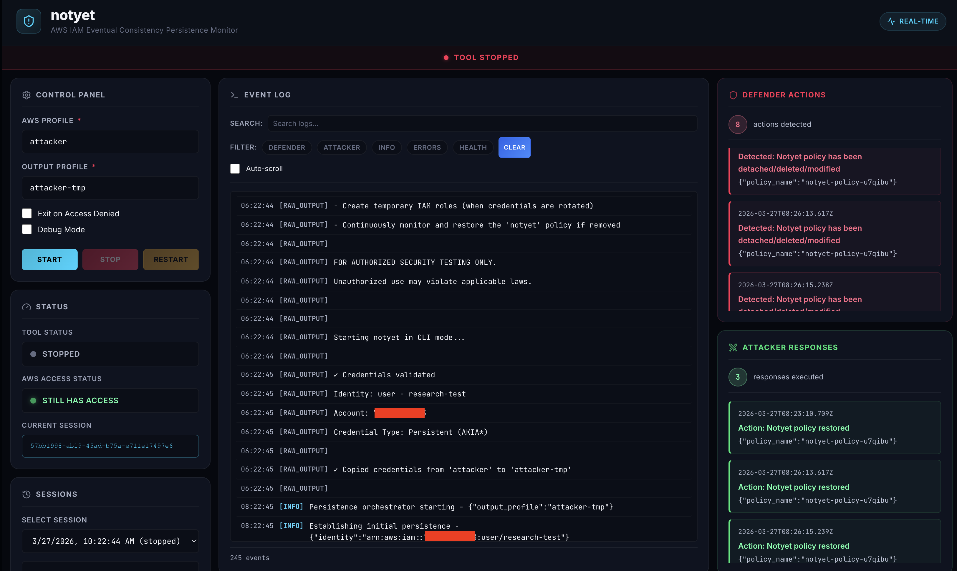 notyet web UI dashboard with three-column layout showing real-time AWS IAM credential revocation events for both defender and attacker