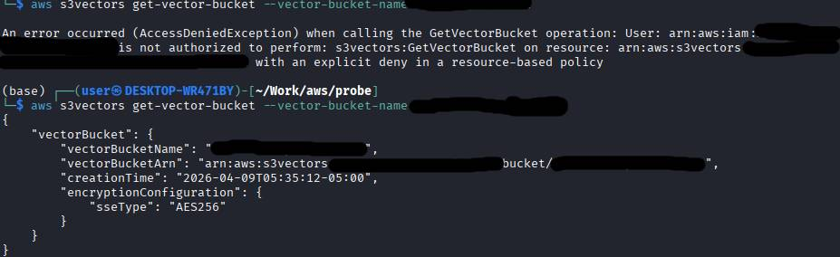 GetVectorBucket denied on the bucket carrying the deny policy, allowed on the second bucket named in its resource list