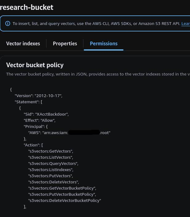 Vector bucket policy in the AWS console showing an XAcctBackdoor statement granting a foreign account root full S3 Vectors access