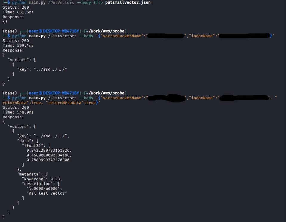Direct HTTP probe writing a vector with a path-traversal style key and unicode escape metadata, then reading it back unchanged