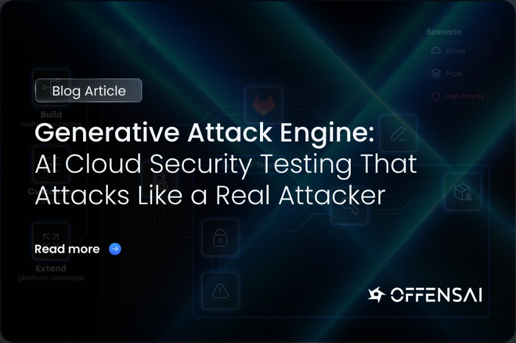 OFFENSAI Generative Attack Engine composing a multi-step AI cloud security testing attack path in an Azure production tenant